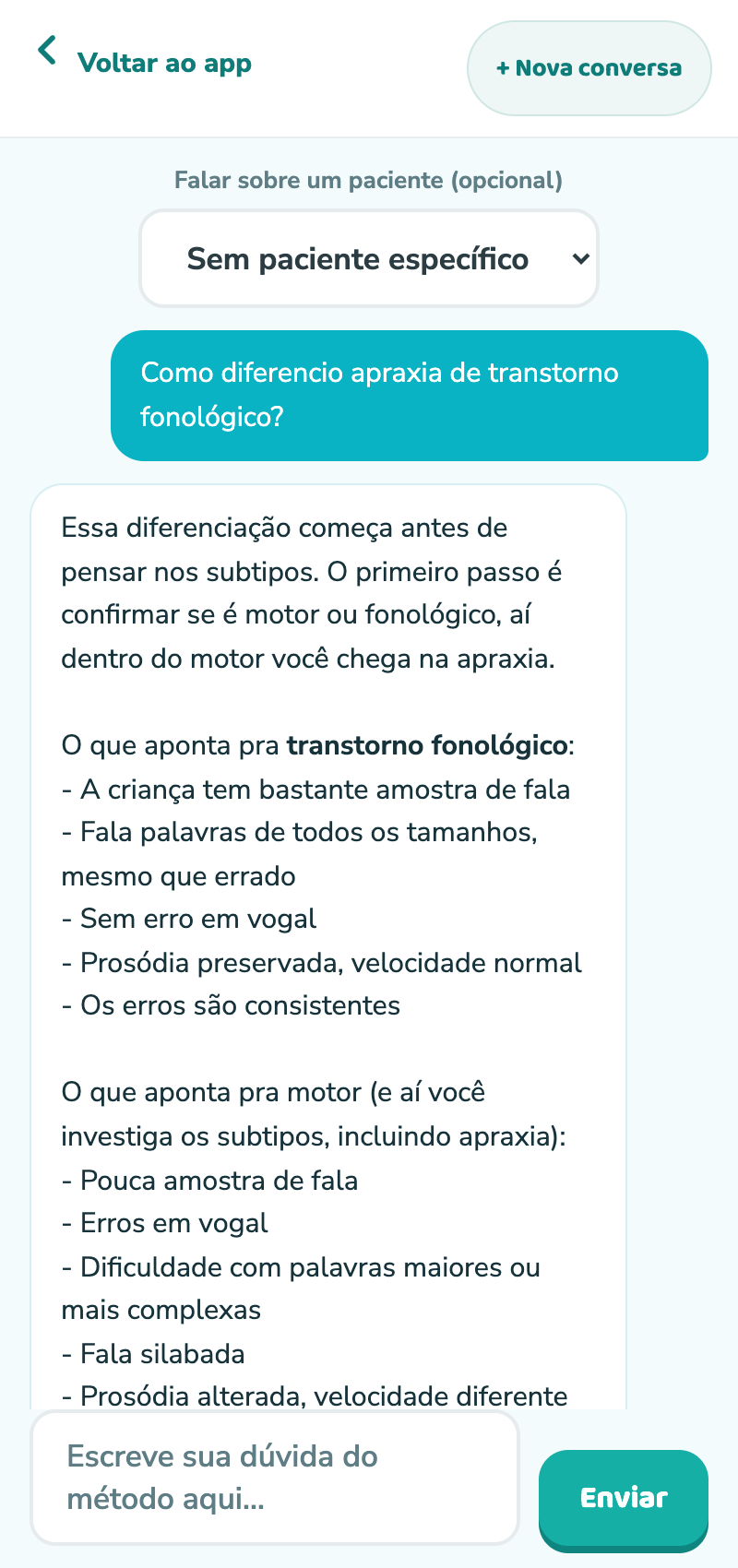 Tela real da LeticIA respondendo que não substitui o raciocínio clínico do fono