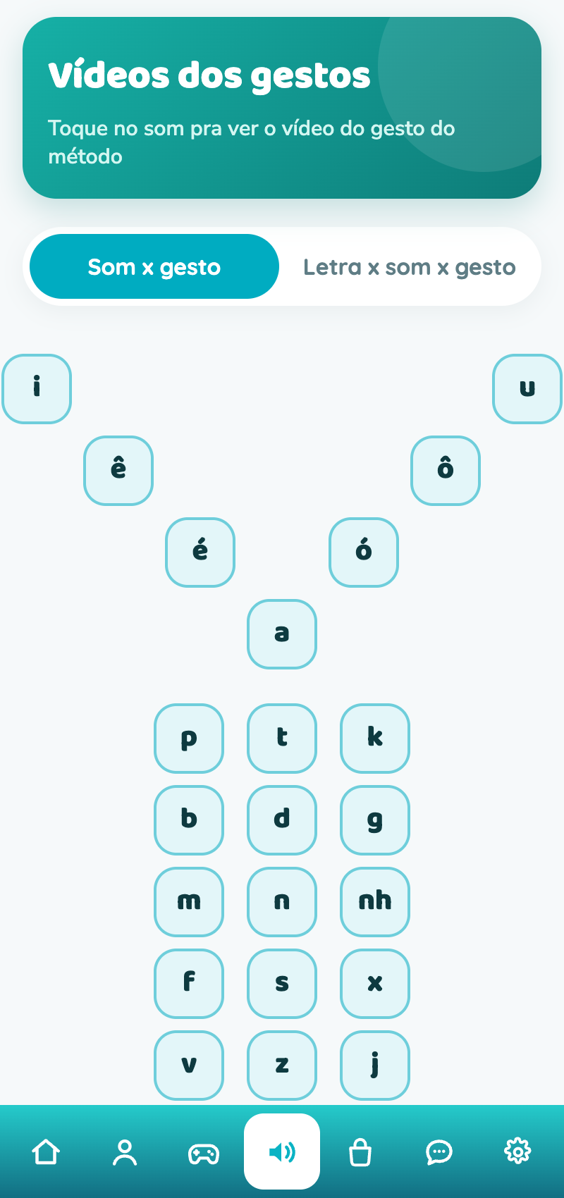 Tela real do app: vídeos dos gestos